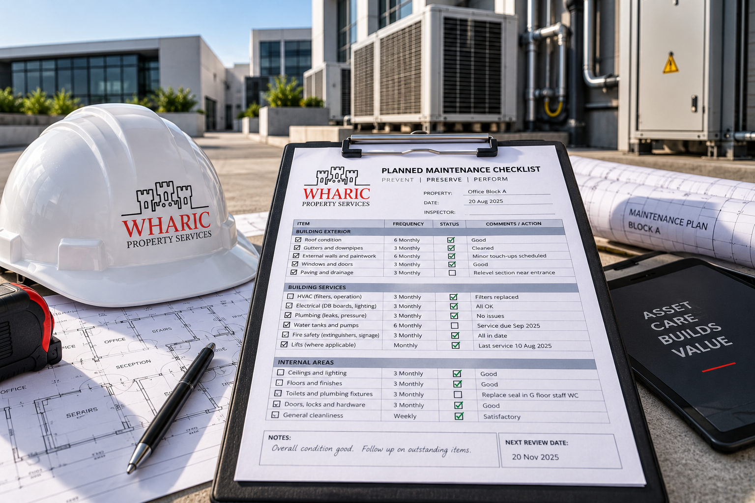 Planned maintenance checklist with a WHARIC hard hat, clipboard and tablet on a building rooftop surrounded by HVAC units