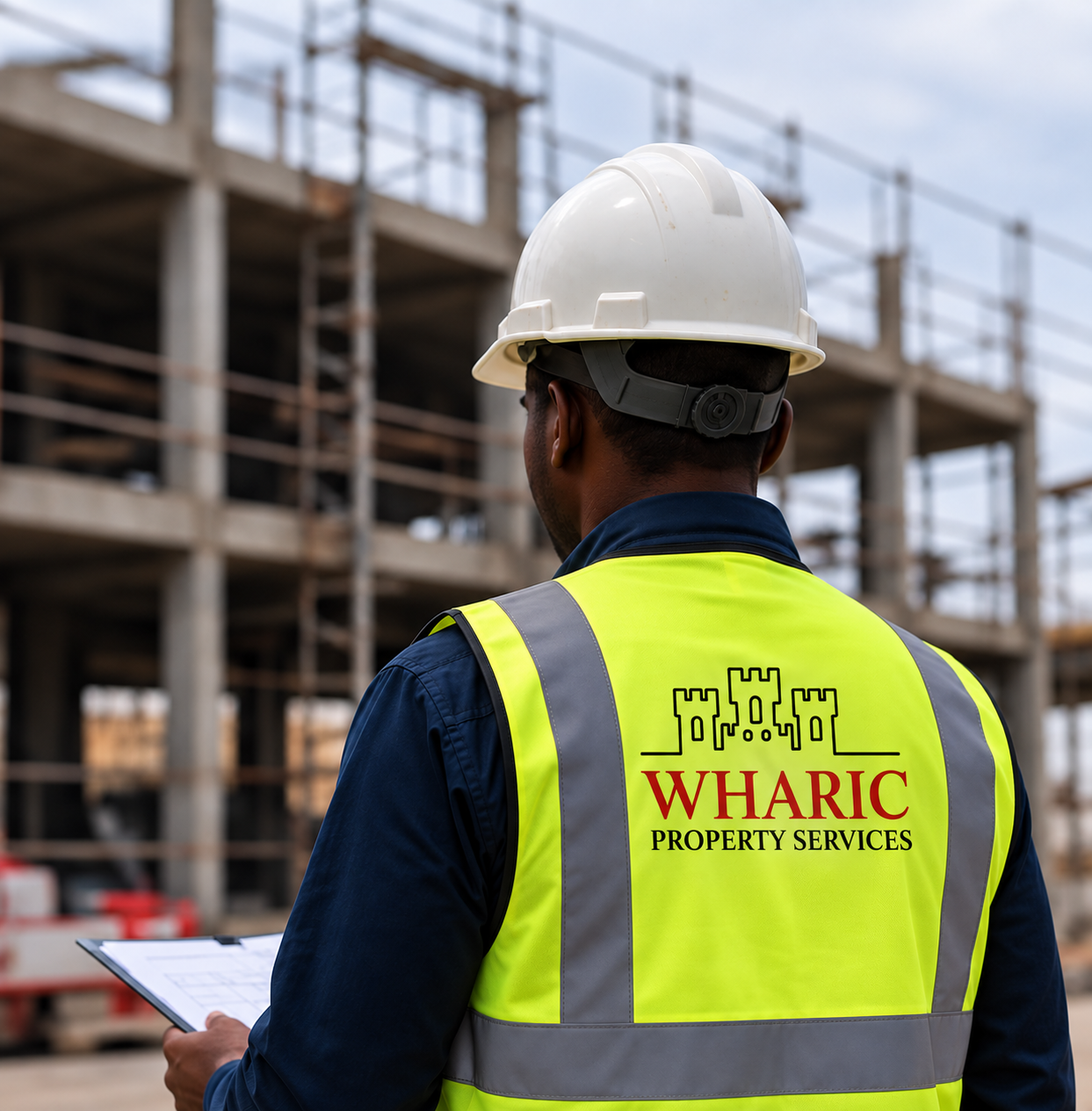 Worker in a white WHARIC hard hat and vest overlooking a building under construction