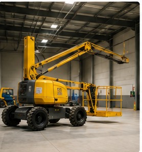 Yellow cherry picker aerial platform parked inside a high-ceilinged warehouse