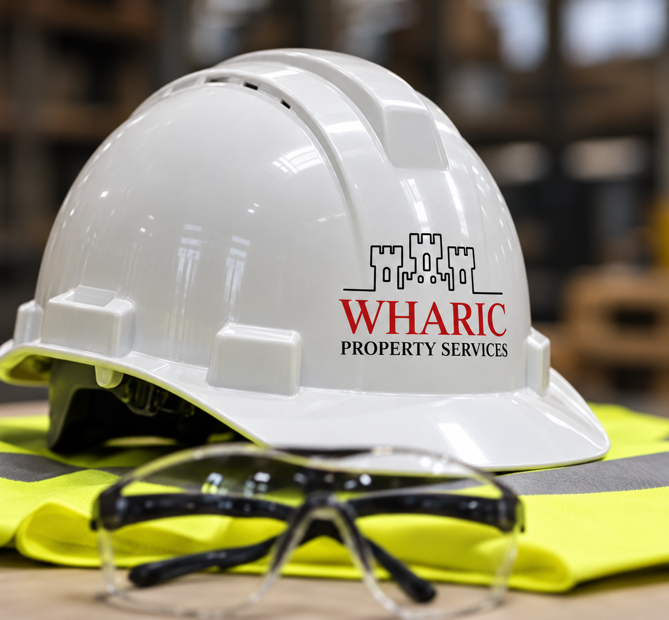 White WHARIC hard hat with logo on a yellow high-visibility vest with safety glasses