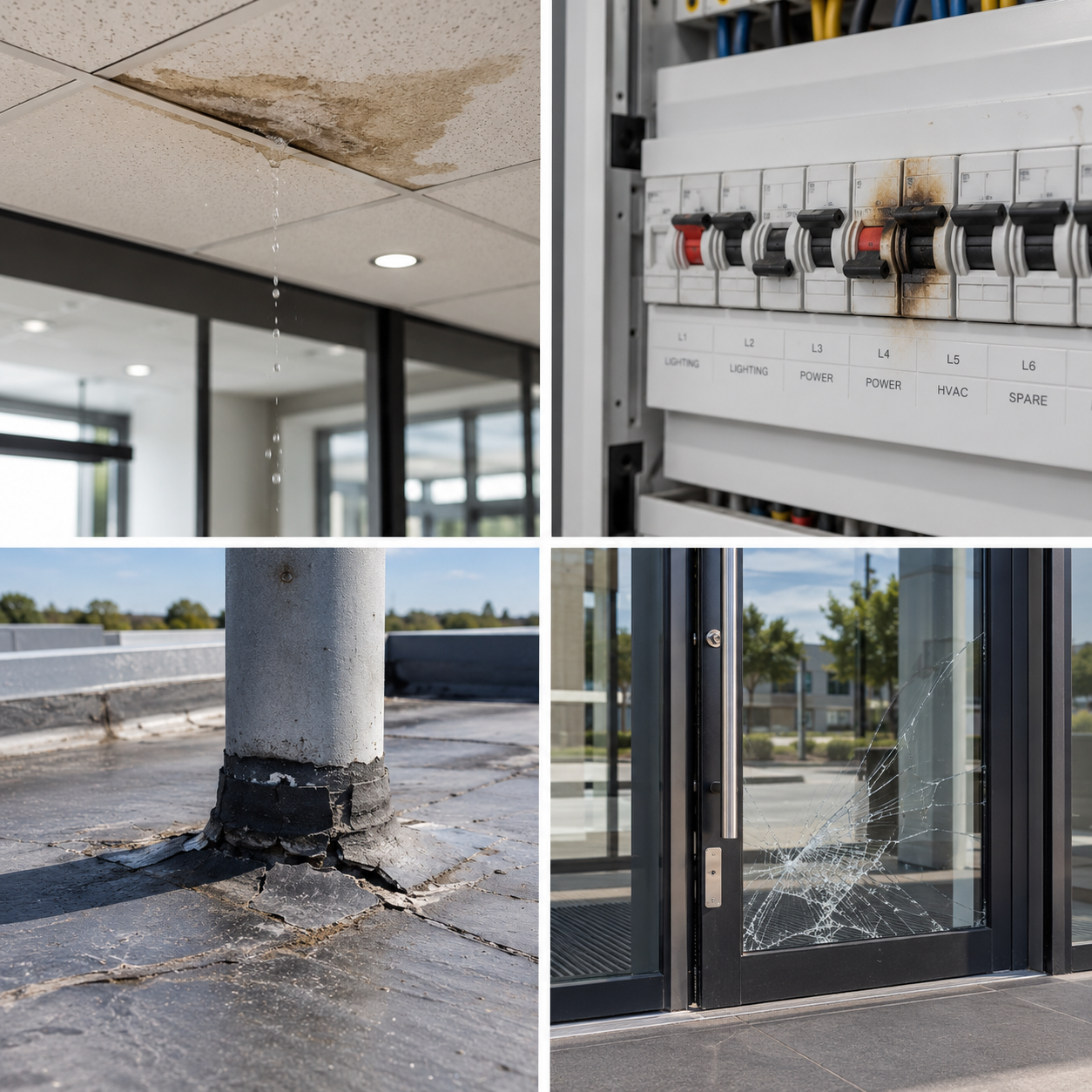 Four-panel collage of building defects preventable through maintenance: a water-stained ceiling dripping, a charred electrical circuit breaker, cracked roof flashing around a pipe, and a shattered glass entrance door