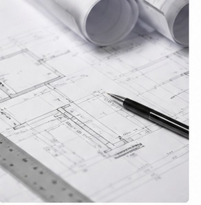 Architectural blueprints and drawings spread across a desk with a pen and ruler