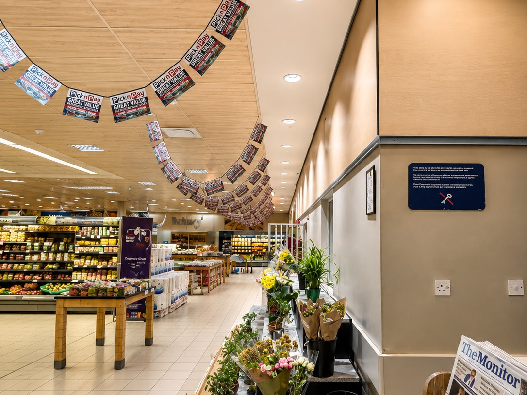 Retail store interior with produce aisle and floral display