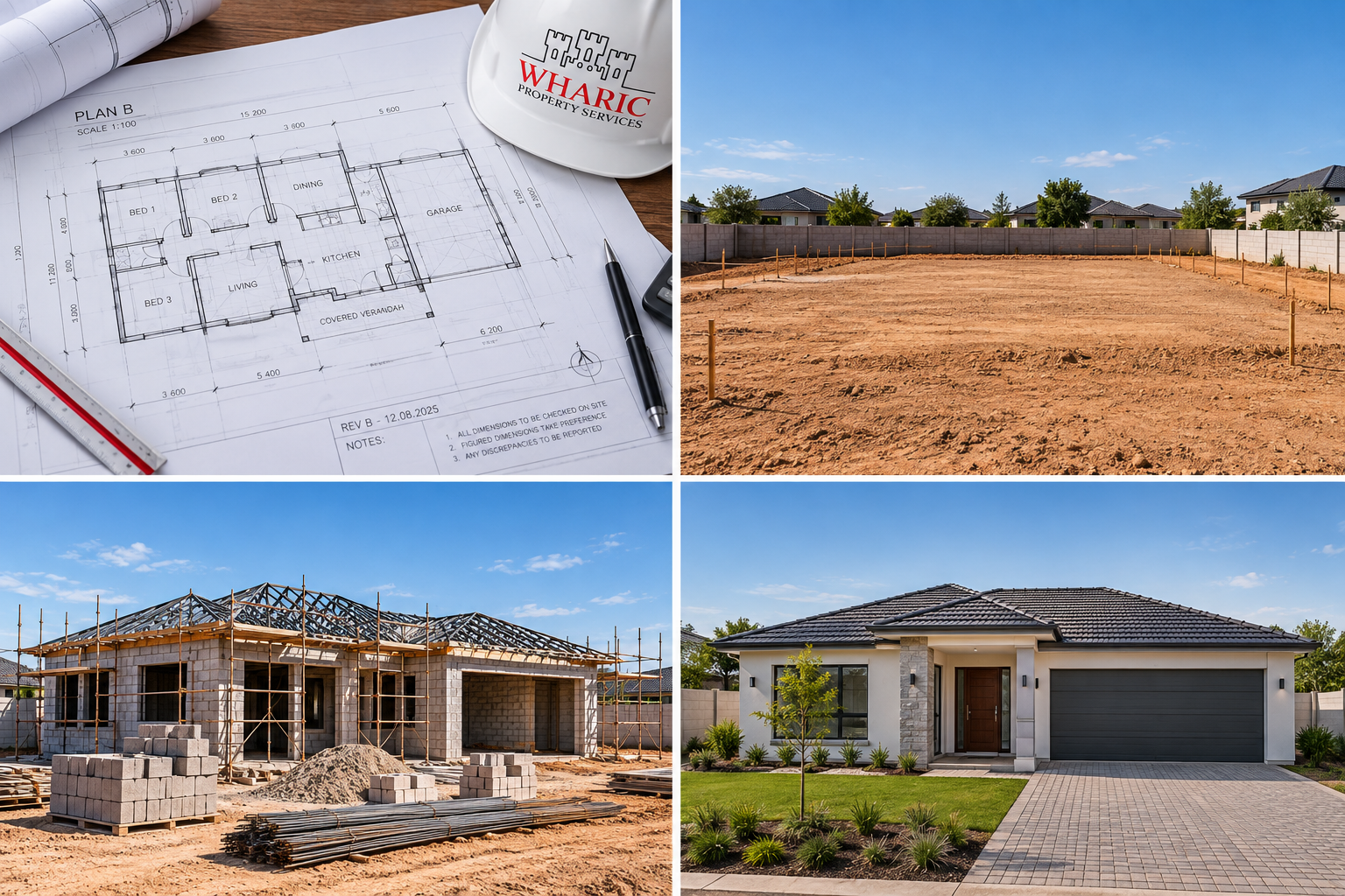 Four stages of a design and build project: architectural plans, cleared site, structure under construction and the completed home