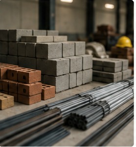Construction materials — concrete blocks, red bricks and steel rebar stacked on a floor